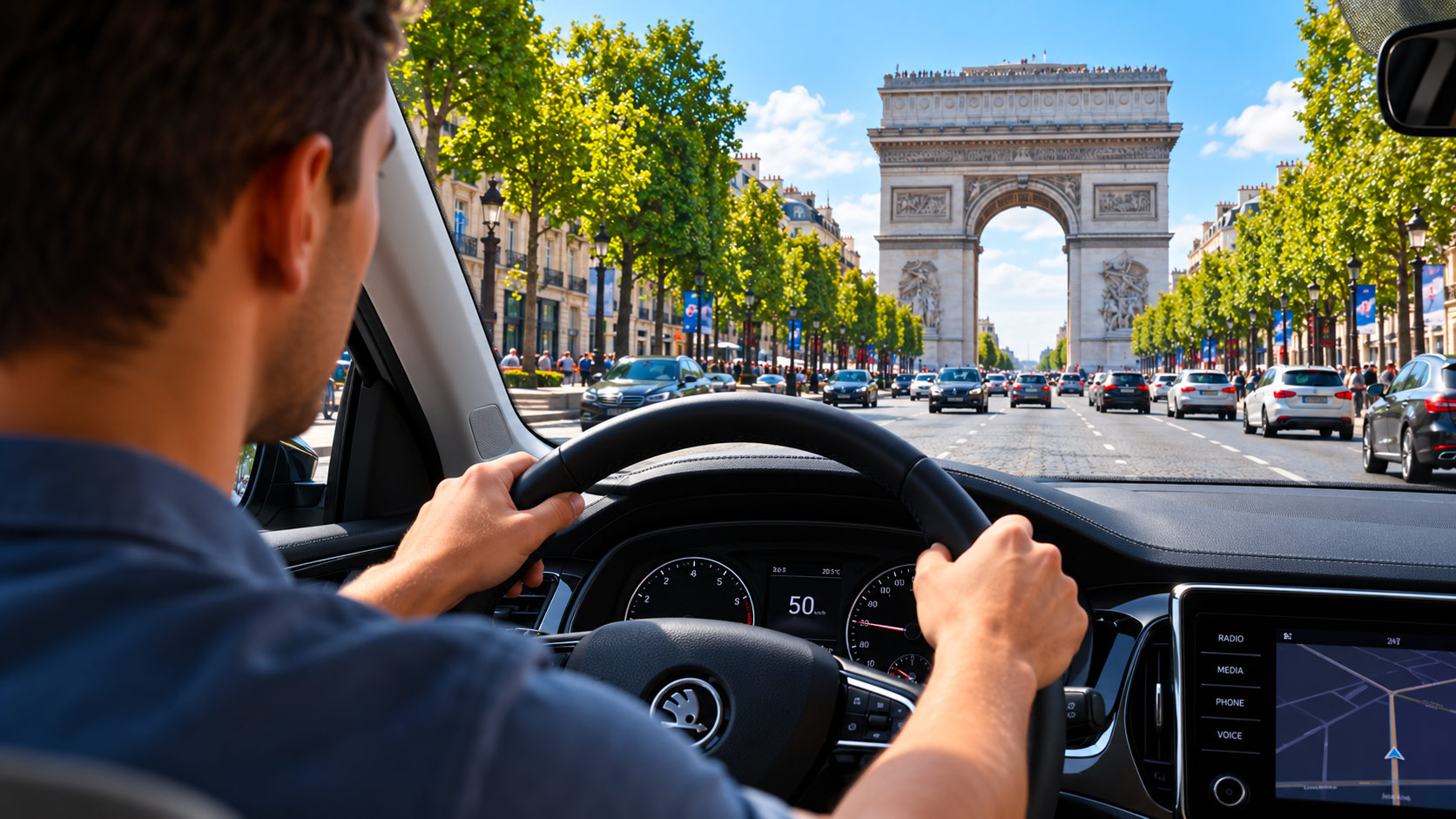 Conduite sur une avenue parisienne vers l'Arc de Triomphe